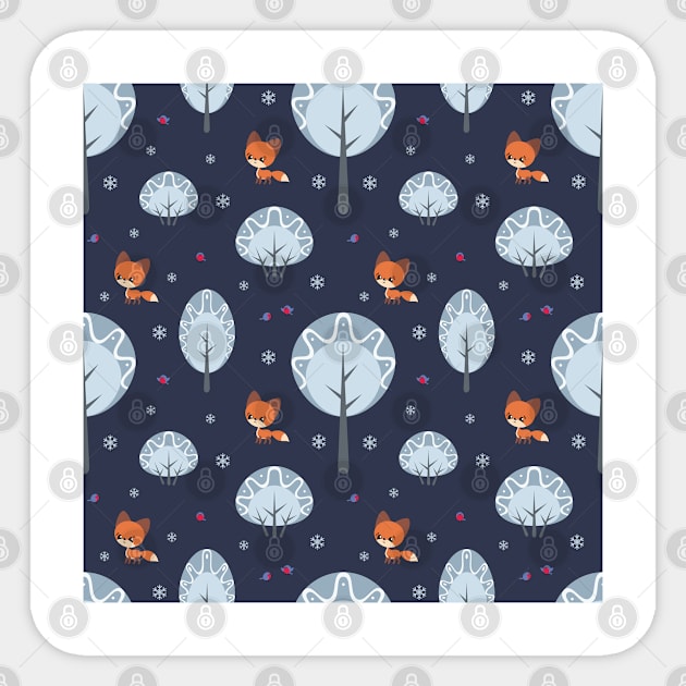 Winter Pattern with Foxes and Birds Sticker by labatchino